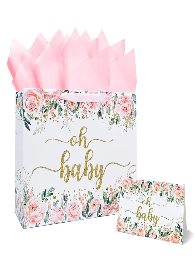 MUNILAIL 13 Inches Baby Girl Gift Bag for Baby Shower Floral Gift Bag with Handle Tissue Paper and Greeting Card for Baby Shower Birthday Party - Image 1